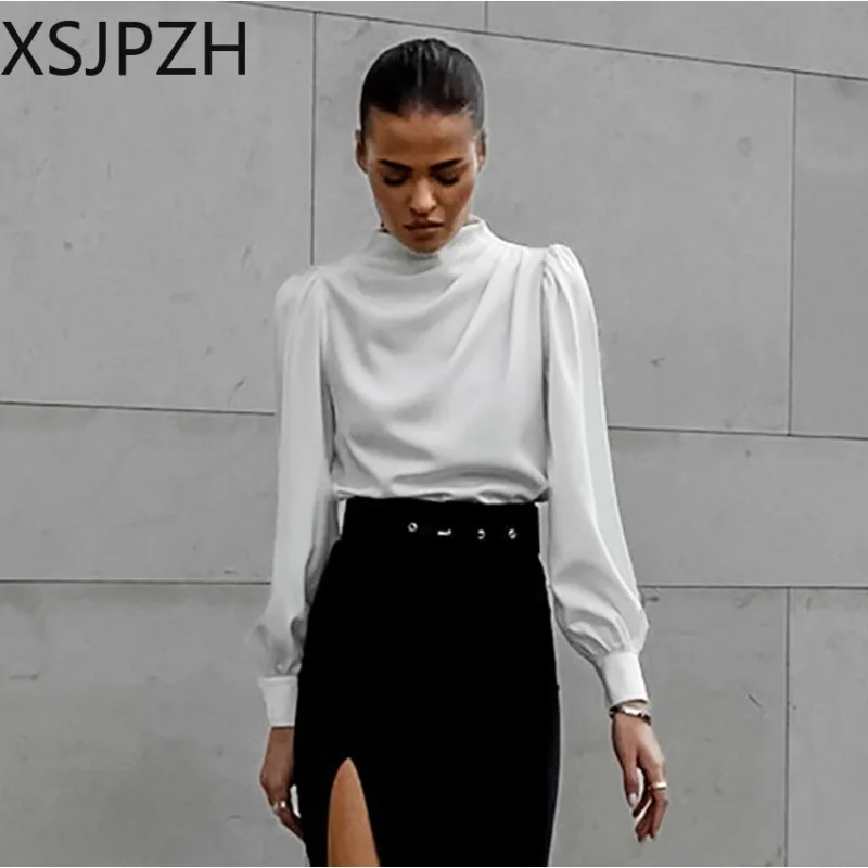 

XSJPZH Elegant White Thin soft matte color Lantern Sleeve Blouse Women Office Lady Satin Turtleneck Pleated style Long Shirts