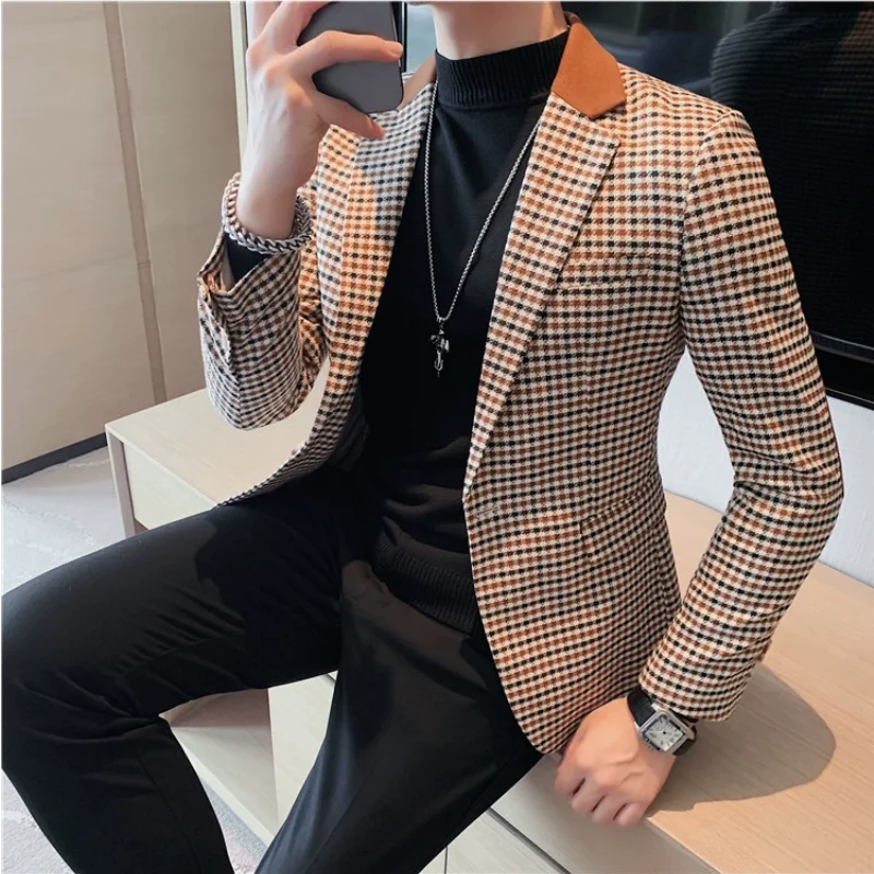 Autumn Winter Korean Houndstooth Blazer Jackets Fashion Color Matching Lapel Design Casual Men Plaid Suit Coat Tuxedo Men Suits Jackets