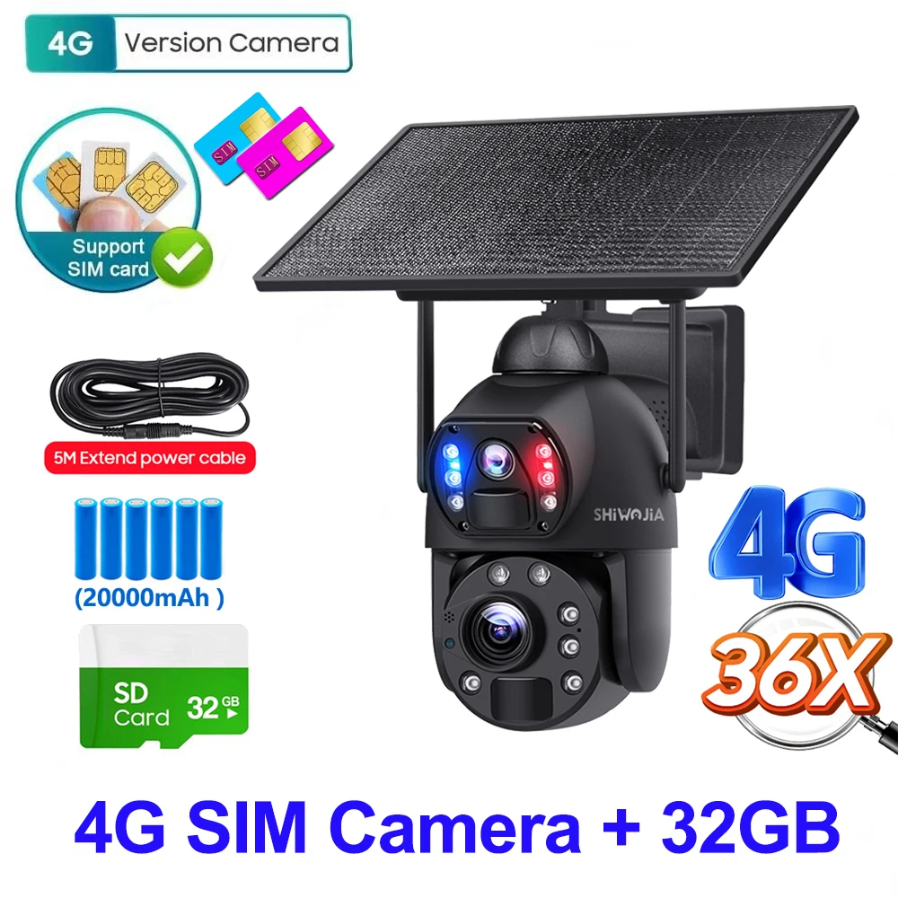 SHIWOJIA 36X Zoom 12MP Solar Security Camera 4G/WiFi PIR Night Vision Outdoor