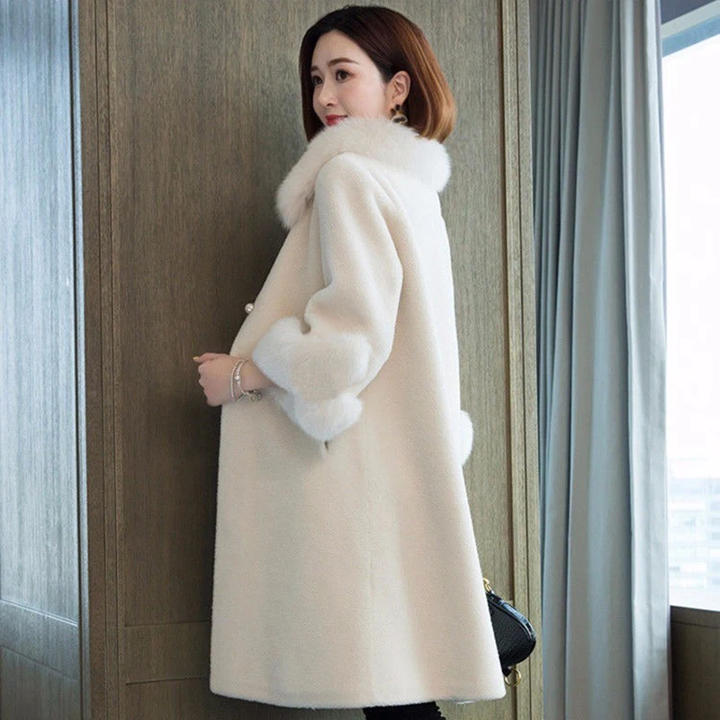 Korean Imaitation Mink Long Coat Women Casual Faux Fox Fur Collar Sheep Fleece Winter Jacket Plus Size Windproof Loose Overcoat