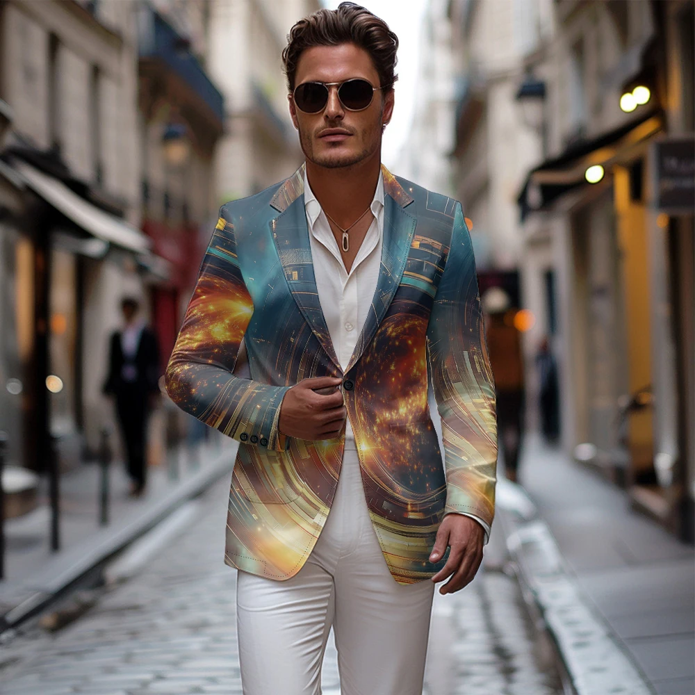 Men's Suit Jacket Autumn Slim Fit One Button Blazer Time Space City Light Fashion New Casual England Male Dress Coat