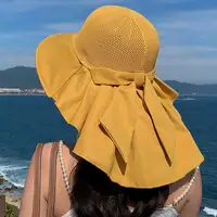 Summer Women Bucket Hat with Shawl Breathable Hollow Knit Beach Cap Luxury Large Bowknot Ladies Face Neck Protection Sun Hat 4