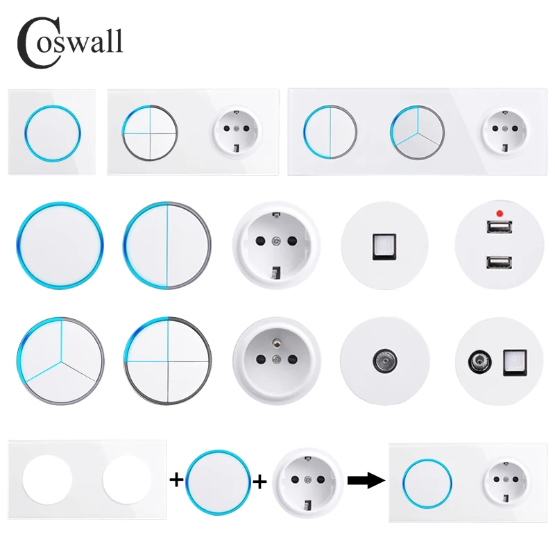 COSWALL-Interruptor de pared R11, conmutador con panel de vidrio blanco,  enchufe europeo, cargador USB, TV