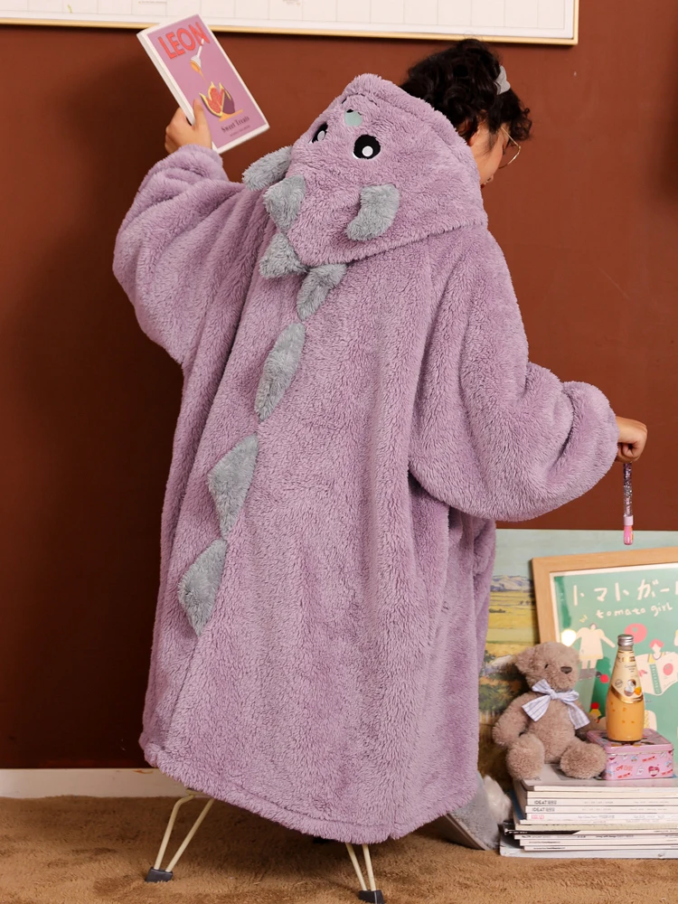 

Pajamas Women's Autumn and Winter Coral Fleece Thickened plus Velvet Pajama Long Bathrobe Furry Homewear Dinosaur