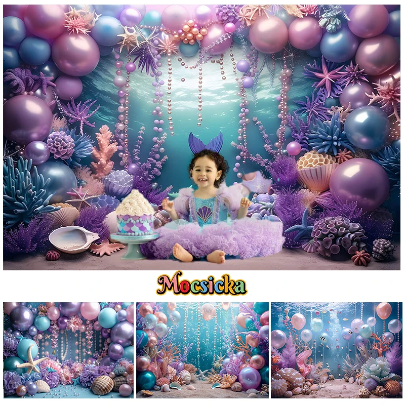 

Mocsicka Photography Background Mermaid Underwater World Decor Cake Smash Birthday Party Kids Portrait Backdrop Photo Studio