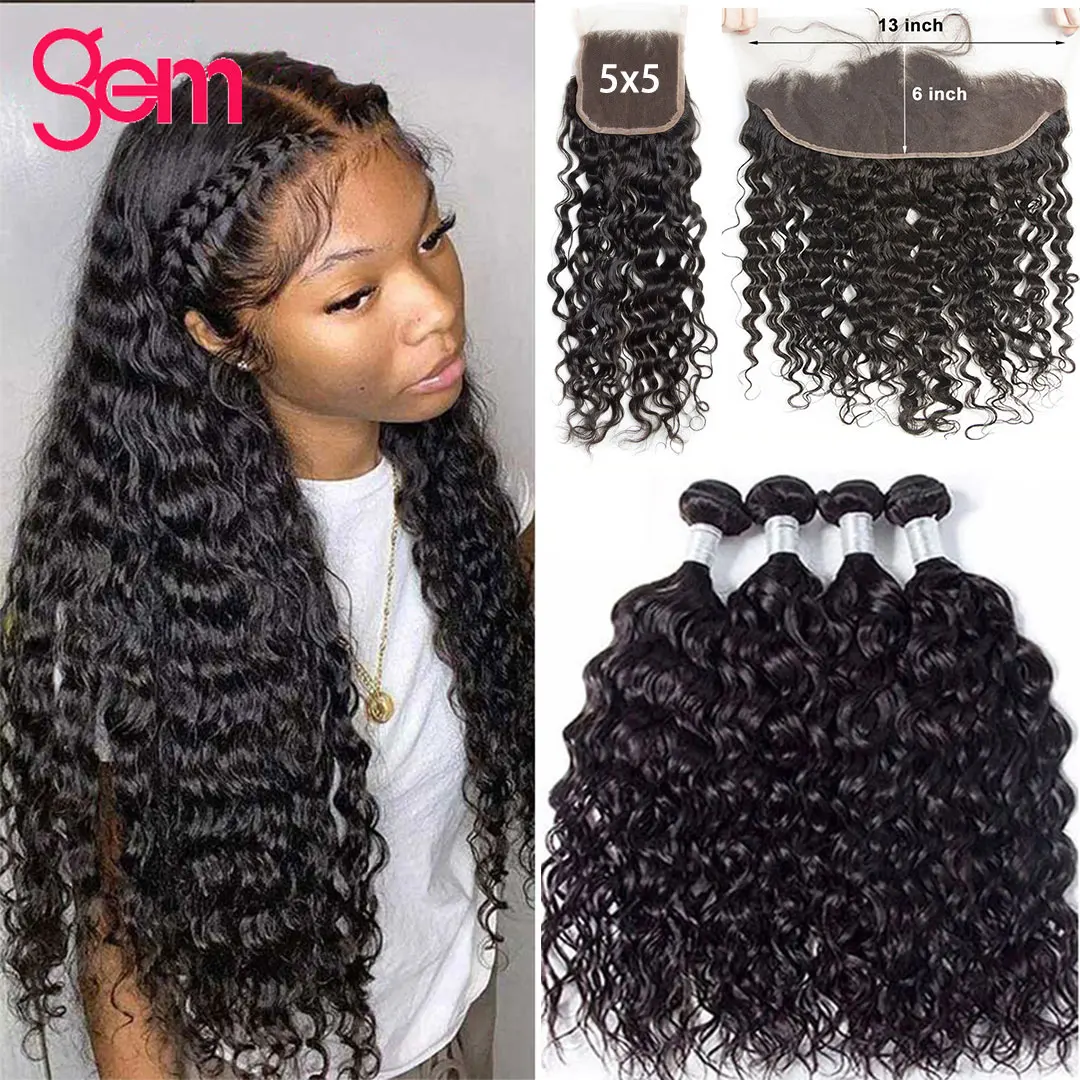 

13x4 HD Lace Closure With Bundles Water Wave Bundles With Frontal Virgin Transparent 5x5 13x6 Lace Brazilian Weaving Human Hair