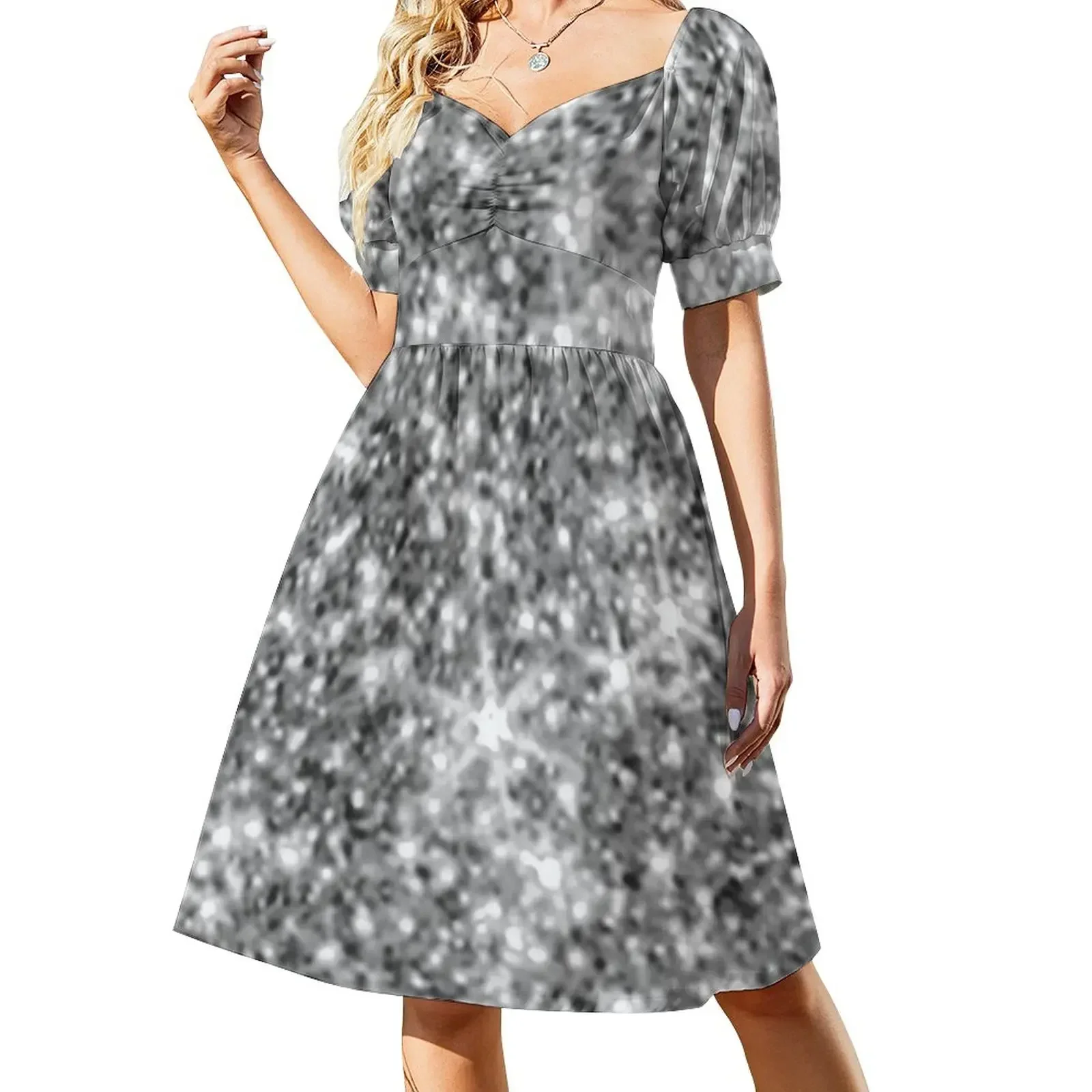 thumbnail image 1 of Vestido de manga corta con estrellas brillantes y plateado oscuro, ropa de mujer, bonito vestido de verano para mujer., 1 of 7