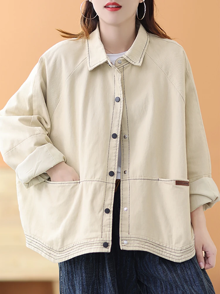 

High Quality Retro Womens Pure Cotton Coat Casual Single Breasted Turn Down Collar Blouse Jacket Female All-match Clothing