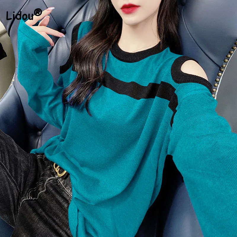 

Fashion Loose Off Shoulder Knitted Pullovers for Female Autumn Winter Round Neck Korean Long Sleeve Spliced Sweaters T-shirt