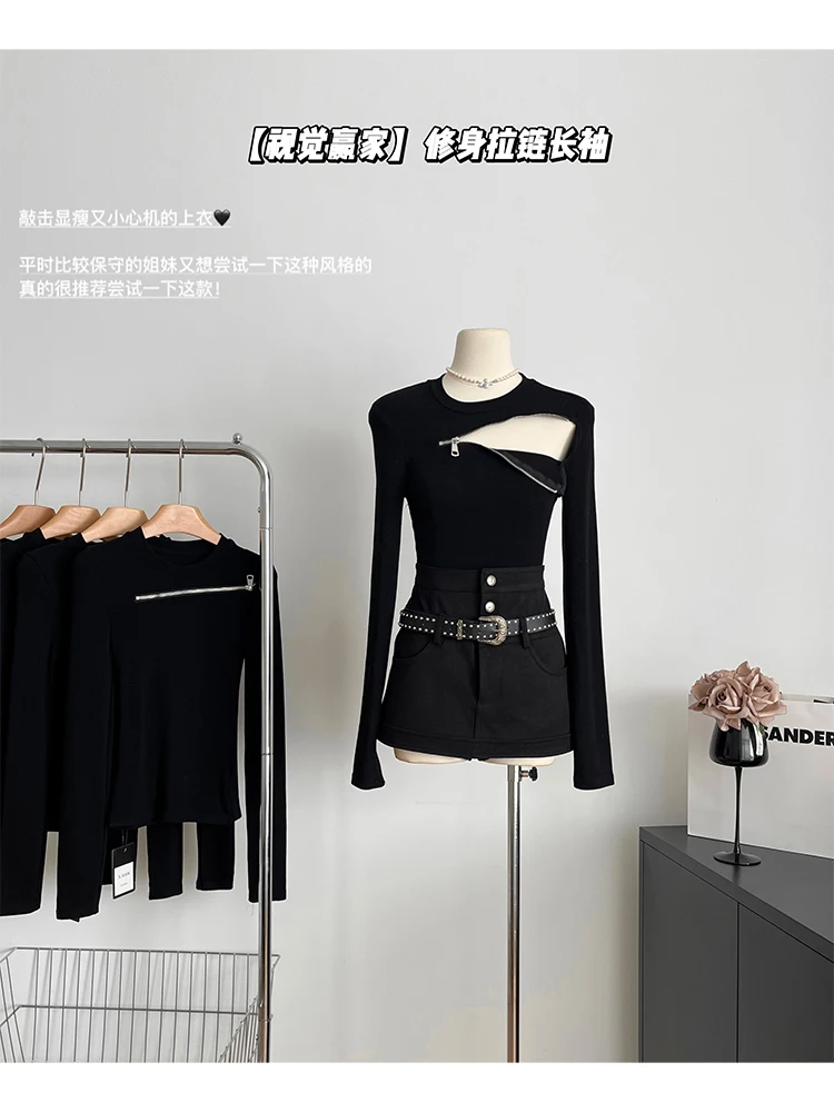 

Женская черная футболка в стиле Харадзюку, Корейская футболка Y2k, топ в стиле 90-х годов, элегантная винтажная облегающая футболка с вырезами, осень 2000