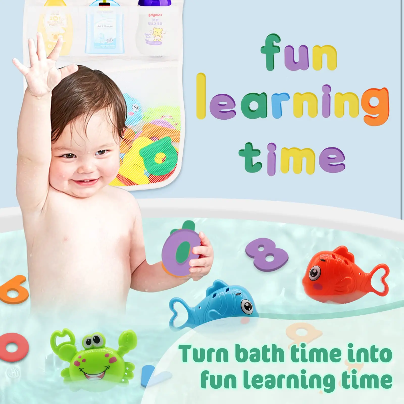 Bath Toys Set for Toddlers 1-3, Bath Toy Storage Bag Hooks,Baby Bathtub Toys with 36 Letters and Numbers,Shower Time