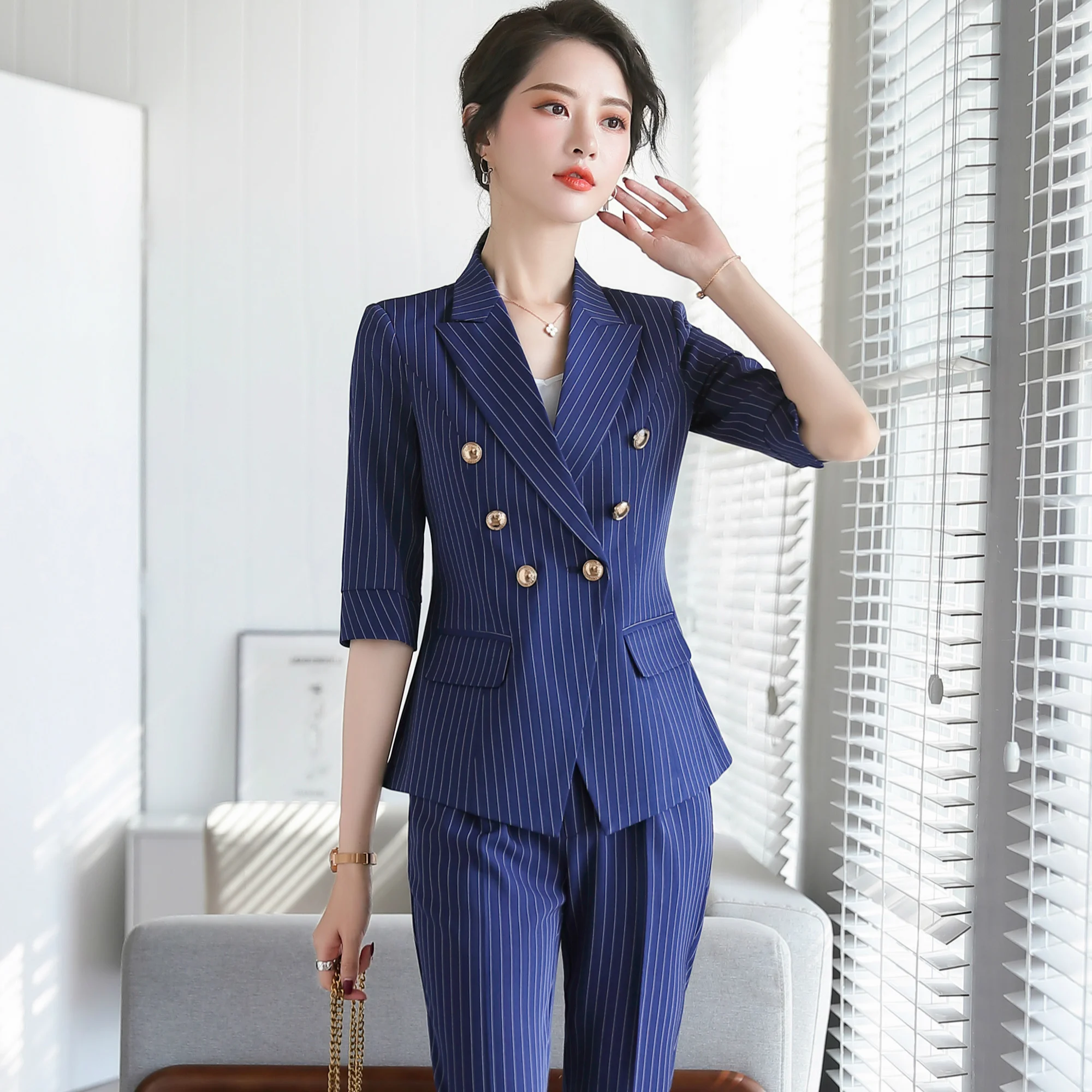 spring-summer-women-suit-elegant-slim-double-breasted-striped-half-sleeve-blazers-office-lady-casual-business-work-pants-suits
