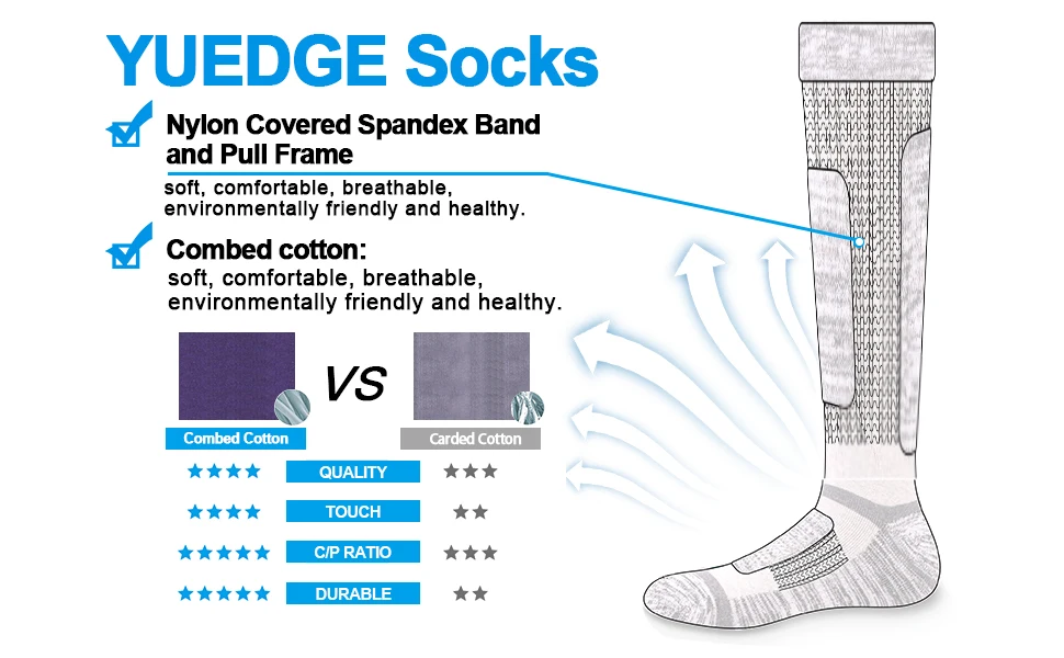 YUEDGE Breathable Thick Cushion Knee High Winter Sports Snowboarding Skiing Socks Winter Warm Thermal Socks(2Pairs/Packs) 37-45