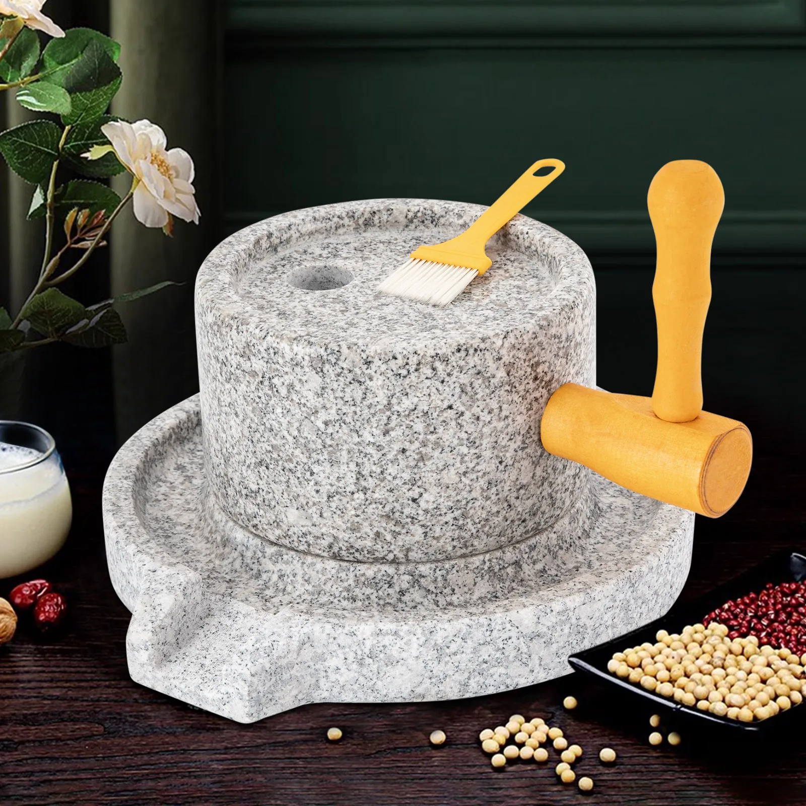 Traditional Granite Millstone Grinder Hand Crank with 304 Stainless Steel Core for Dry Wet Grinding Wheat Soybean Spices