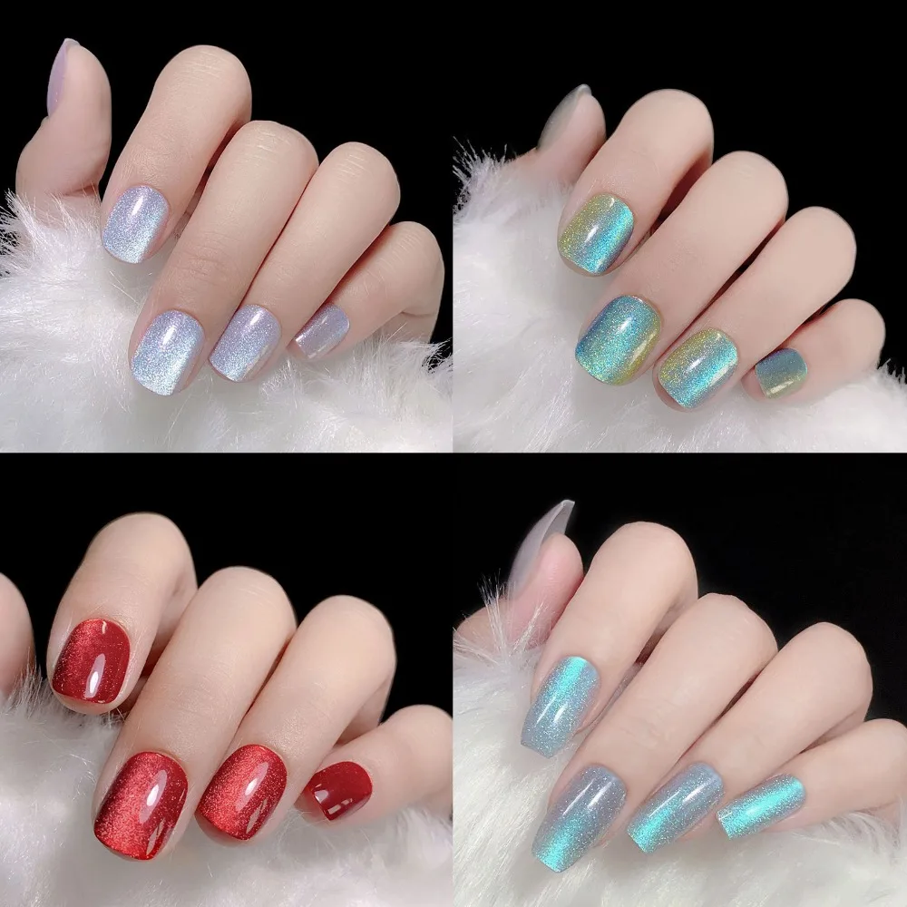 

Long and Short Crystal Cat's Eye Glitter Nail Patches with Storage Box, Handmade Manicure Aurora False Nails, Removable