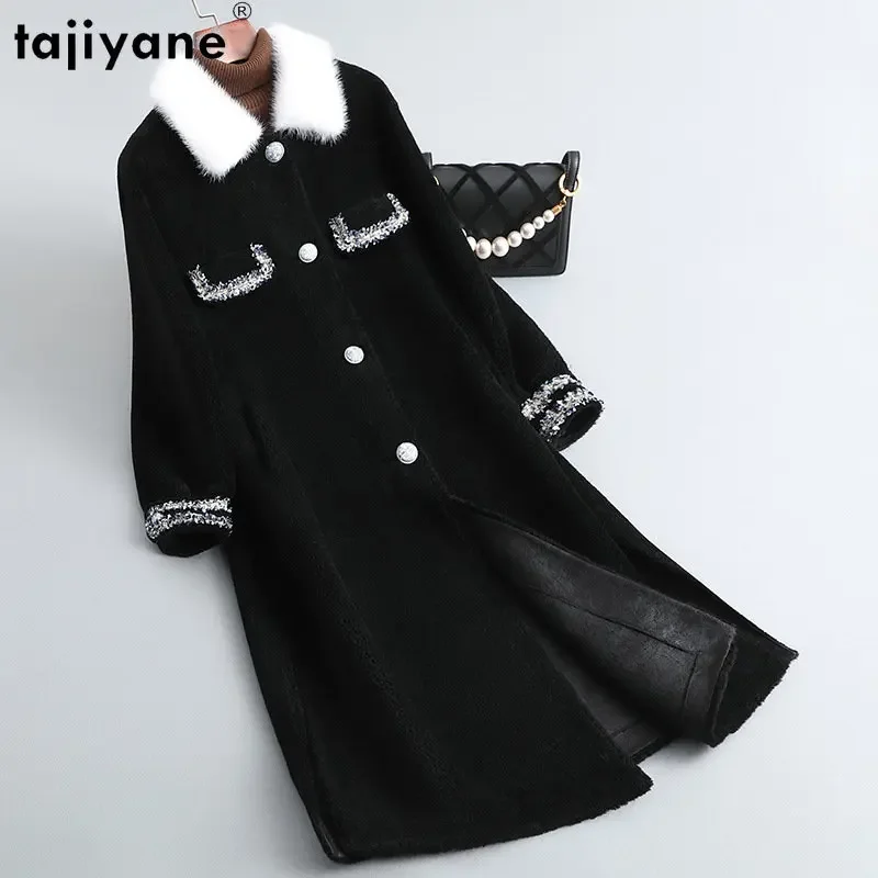 

Tajiyane High Quality 100% Sheep Shearing Jacket Women New Winter Mid-length Fur Coat Elegant Wool Coats Jackets Mink Fur Collar