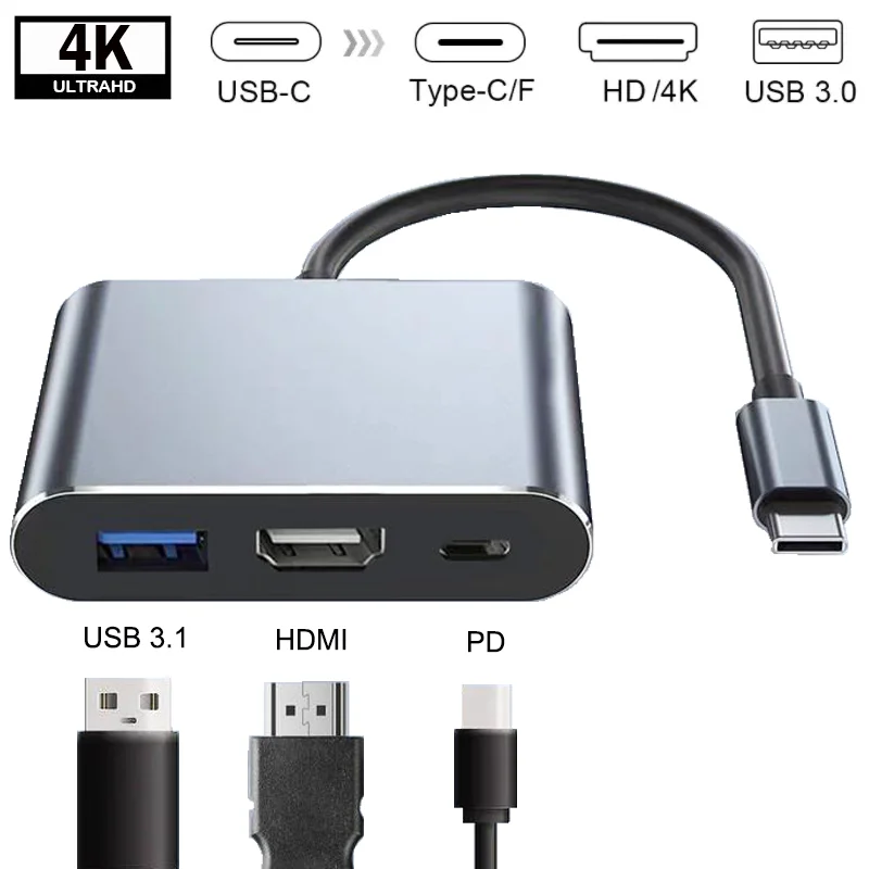 Type C USB 3.1 to USB-C 4K HDMI USB 3.0 Adapter 3 in 1 Hub for