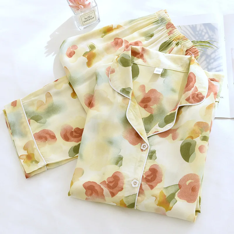 Fresh Floral pajamas sets women sleepwear cozy 100% Viscose Fashion sexy long sleeve two piece homewear plus size