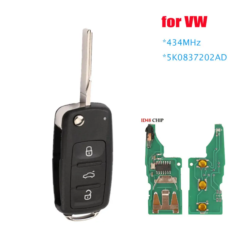 

Car Remote Key 3 Button Remote Flip Key 434MHz ID48 Chip for VW Volkswagen GOLF PASSAT Tiguan Polo Jetta Beetle Car 5K0837202AD