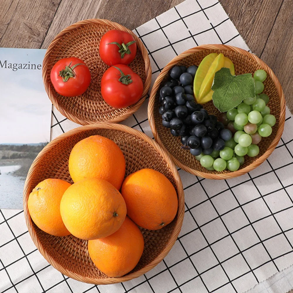 Round Rattan Fruit Bowls Natural Wicker Fruit Basket Boho Woven Storage Baskets Bread Tray for Kitchen Coffee Table Farmhouse 3