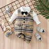 Newborn Baby Boy Clothes white baby onesie with khaki check print One-piece Vest gentleman's spring and autumn pajamas