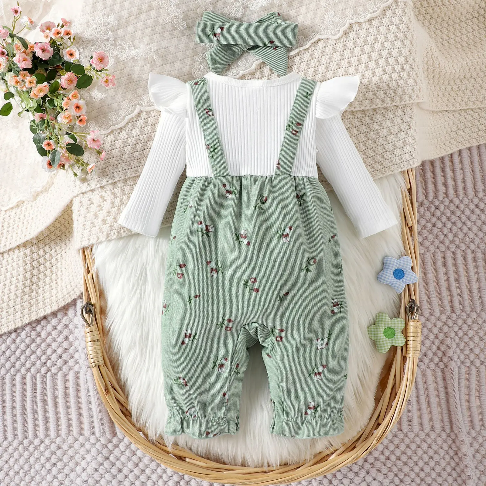 1PCS Autumn Floral Patchwork Romper Set for Infant Girls Long Sleeve Jumpsuit with Bow Headband Cute Baby Outfit Clothing Bundle