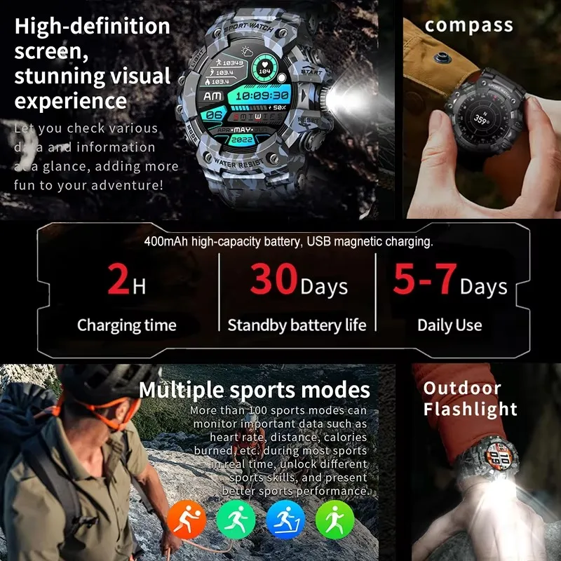 2026 Rugged Sports Smart Watch Bluetooth Calls Colorful Waterproof Military Smartwatches with Flashlight SOS COMPASS for Phone 2