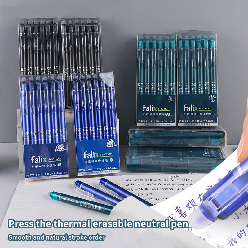 새로운 12Pcs 0.5mm 지울 수있는 젤 펜 세트 프레스 타입 볼펜 학교 사무용품 용품 부드러운 쓰기
