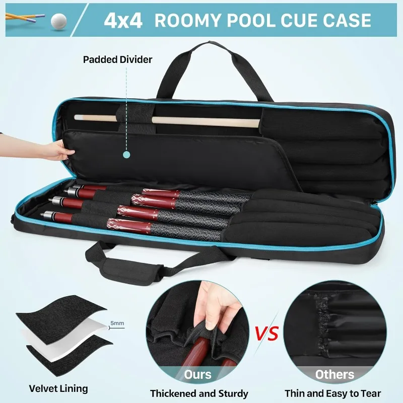4x4 Pool Cue Case Hold Up to 4 Butts and 4 Shafts, Pool Stick Carrying Case with Front Accessories Pockets 3