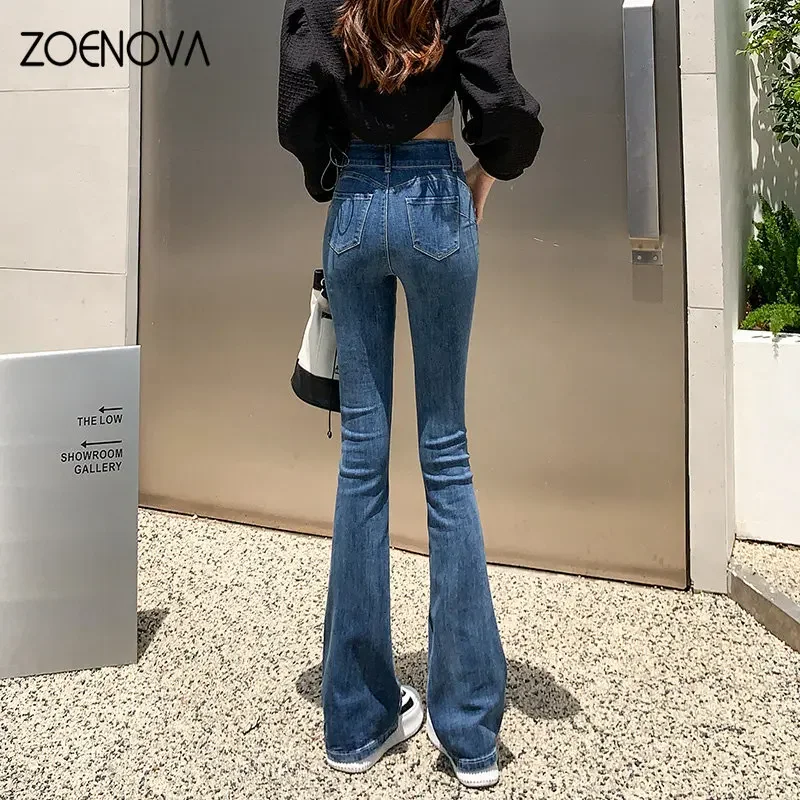 ZOENOVA 2024 Ladies High Waist Double Button Micro Flare Straight Trousers  Fashionable Retro Jeans Five Colors Wide Leg Pants