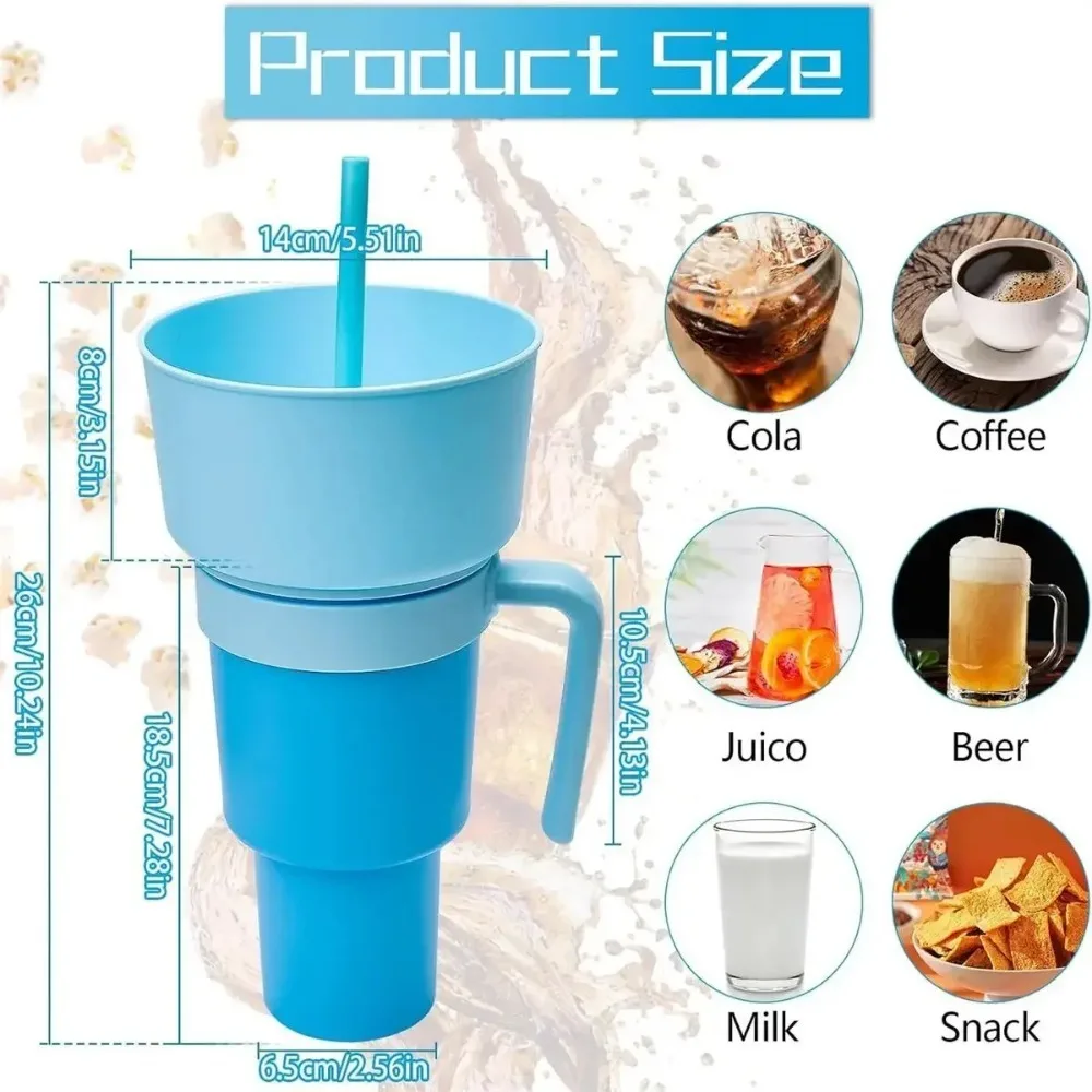 2In1 Snack Bowl Drink Cup With Straw Stadium Tumbler Water Bottle Straw Splash Proof Leakproof Portable Adults Kids Cinema Trip snack bowl drink cup