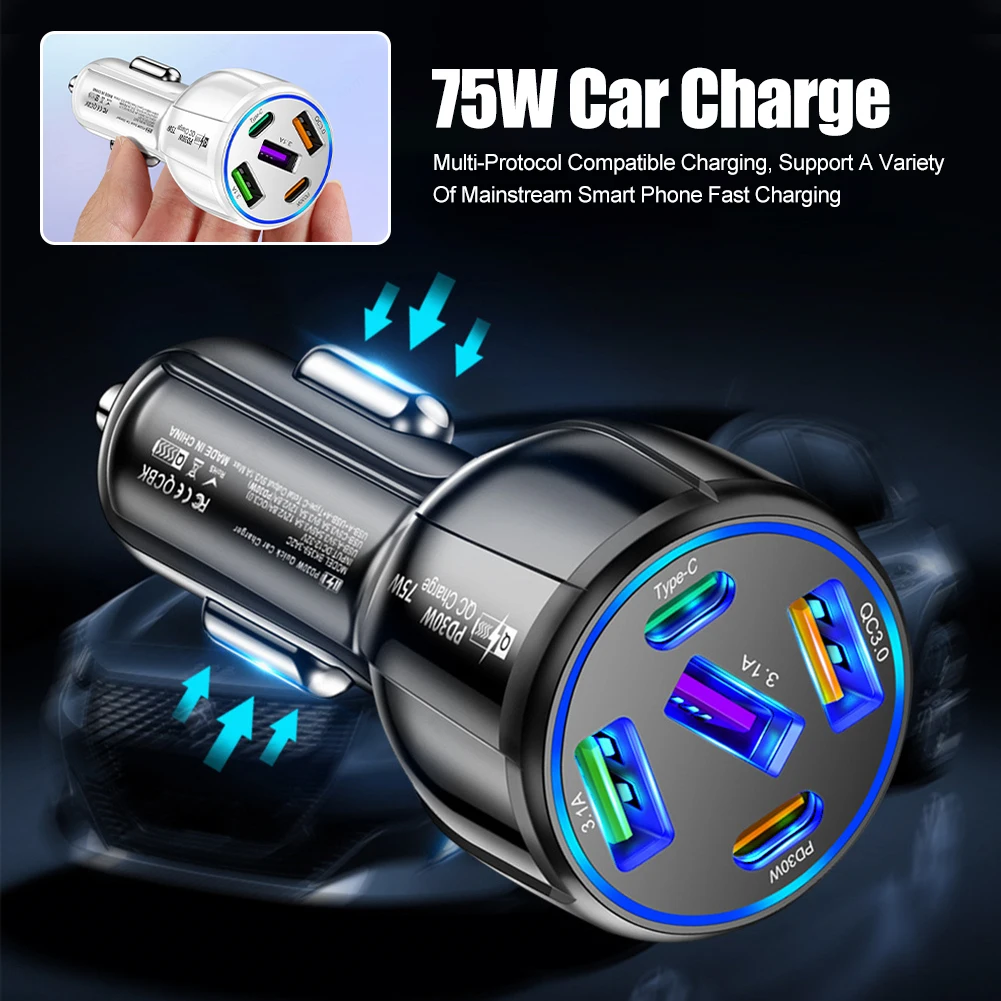 

75W Car Charger 5 Ports Fast Charging for PD QC3.0 Car USB Charger Type-C Charger Adapter for iPhone Xiaomi Huawei Samsung