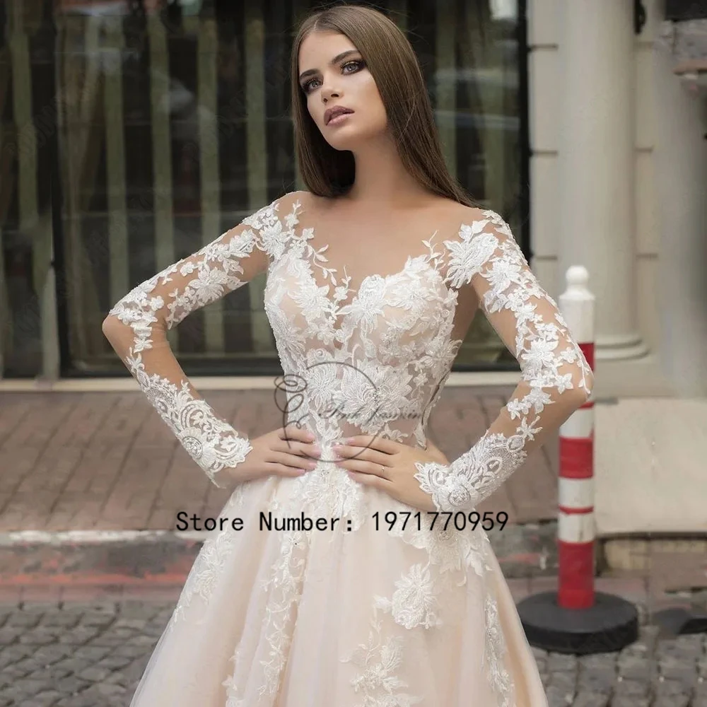 Customized Luxury Long Sleeve Wedding Gowns For Princess Scoop Neck A-Line Applique Elegant Applique Bridal Dress Robe De Marié 4