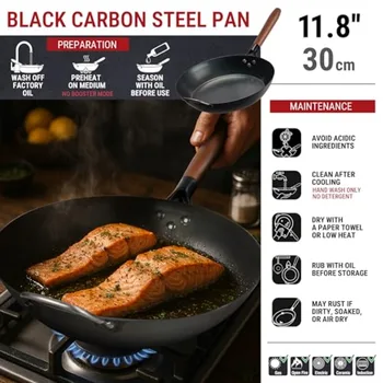 Carbon Steel Fryg Pan Non-Toxic Pre-Seasoned Skillet with Removable Wooden Handle Coatg-Free Wok-Style Pan for Gas duction Elec 3