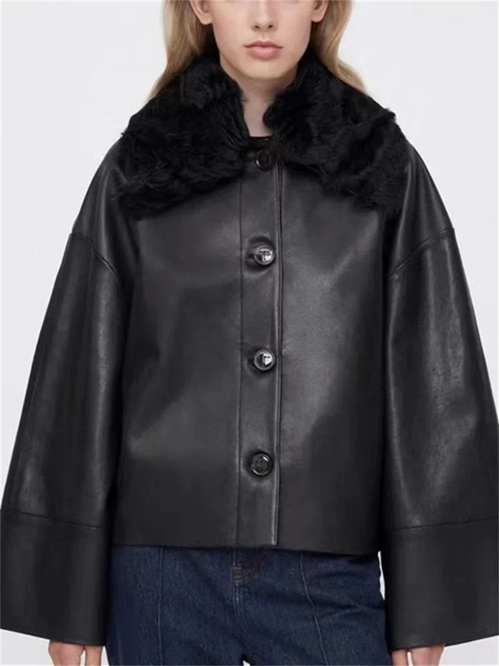 

Jacket for Women 2023 New Fall Leather Detachable Fur Collar Single Breasted Silhouette Loose Casual Short Coat