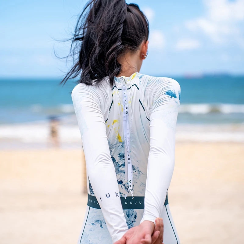 Nu-June Women One Piece Swimsuit Printing High Waist Long Sleeve Elastic Hot Spring Dress Plus Size Lady Swimwear Bathing Suit