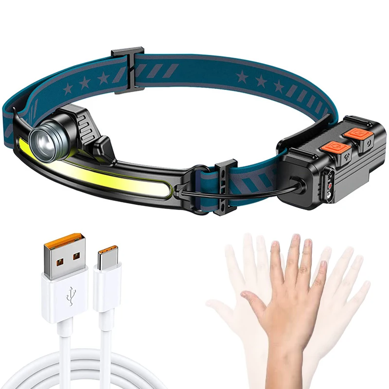 

Rechargeable LED Headlamp Waterproof XPE+COB Sensor Headlight Flashlight with 6 Modes for Camping Hiking Outdoors Hunting