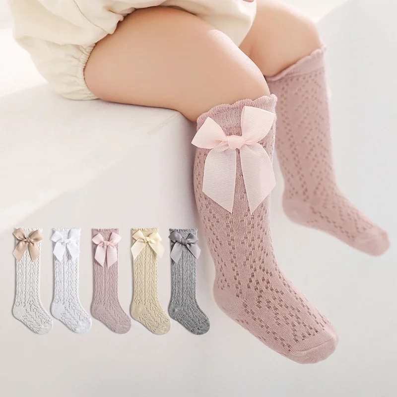 Baby Knee High Socks Kids Girls Boys Bow Long Sock Soft Cotton Mesh Breathable Children Hollow Out Socken for 0-3 Years Old 2