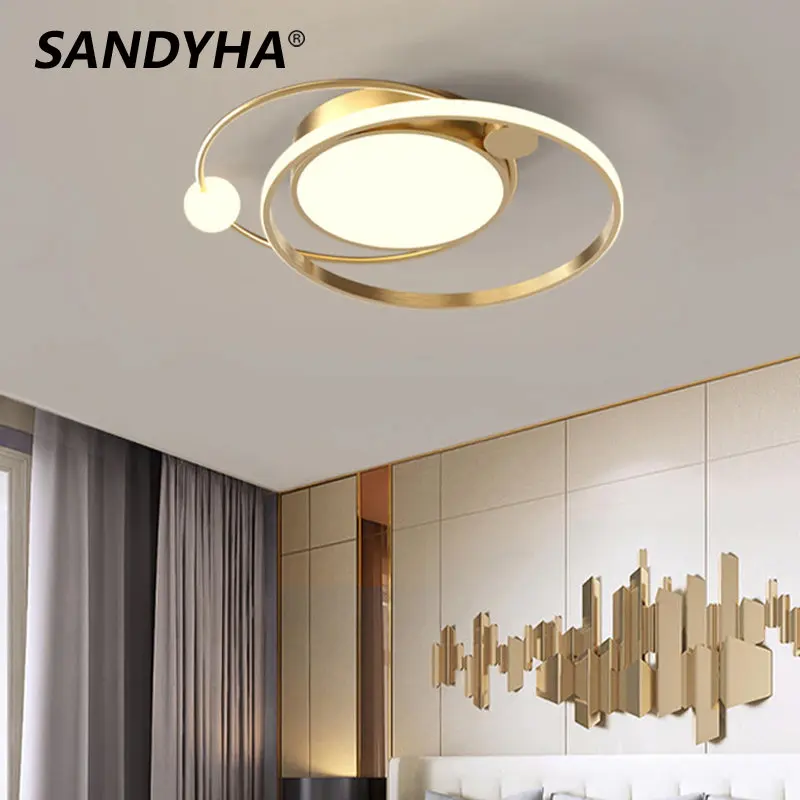 

SANDYHA Modern Led Chandeliers for Bedroom Living Room Kitchen Study Ceiling Lamp Ring Round Gold Design Remote Control Light