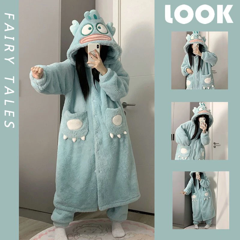 

Kawaii Sanrio зимняя Коралловая бархатная Пижама комплект Hangyodon Cinnamoroll Hello Kitty Lotso флисовая мультяшная Домашняя одежда с капюшоном