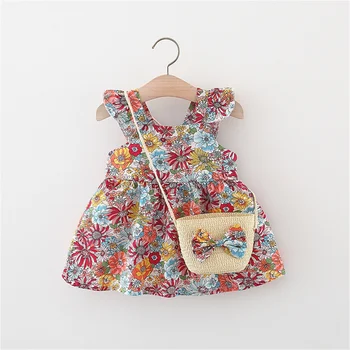 Summer 2-Piece Baby Dress+Woven Bag Girl'S Summer Clothes Baby Dress 0-3 Year Old Floral Beach Children'S Clothing 1