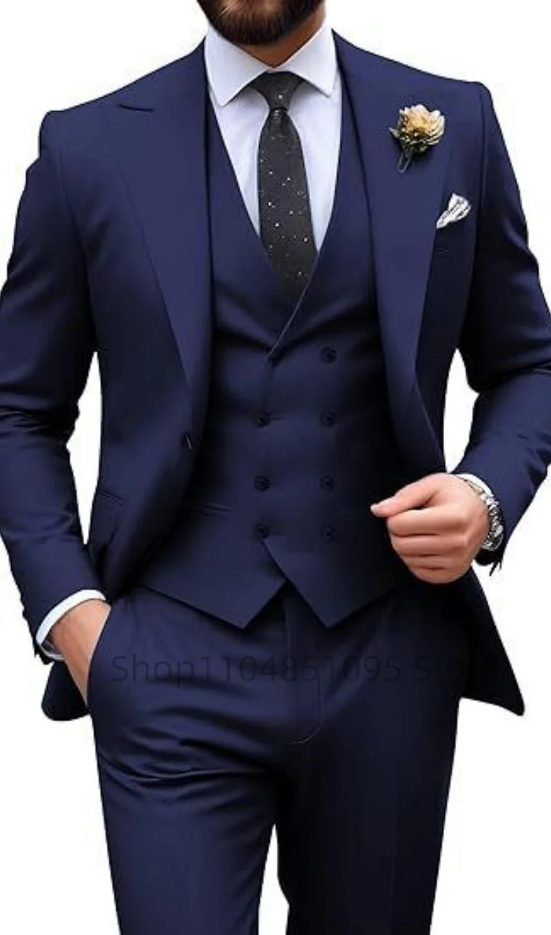 Men's Solid Color Slim Fit Formal Business Suit Wedding 3-Piece Set with Peak Lapel Blazer Vest And Trousers for Party Prom