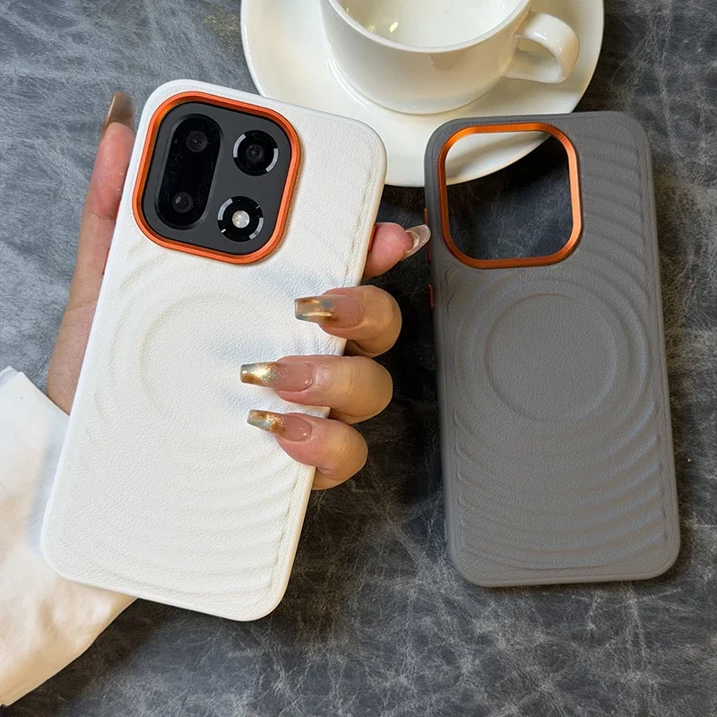 Business Minimalist Ripple Magnetic Lychee Leather Case with Wireless Charging and Anti-Drop Protection