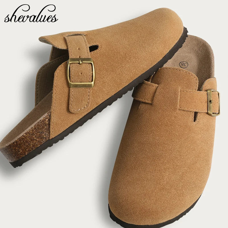 Shevalues Fashion Boston Clogs Women's Suede Mules Slippers Cork Insole