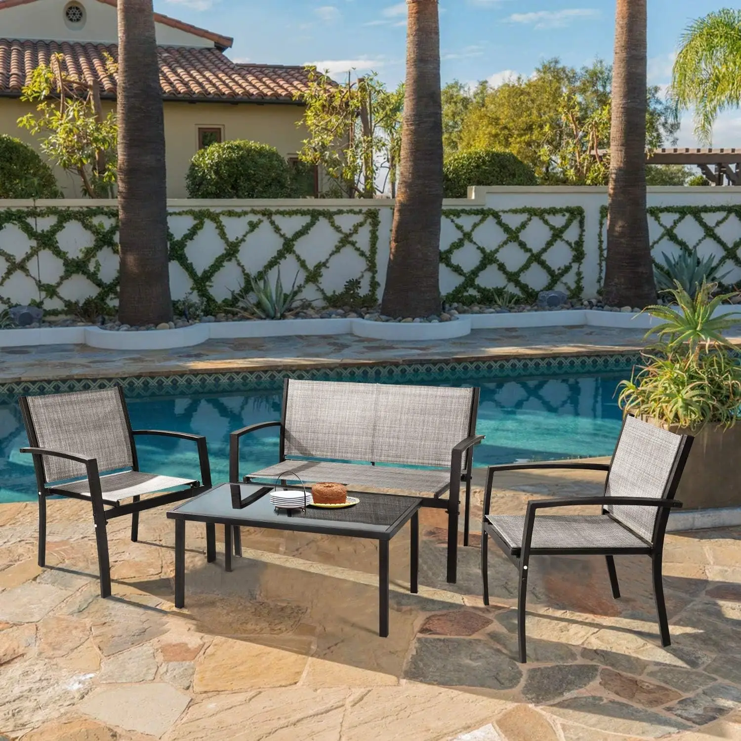 4 Pieces Outdoor Patio Furniture Set Conversation Set with Glass Coffee Table Bistro