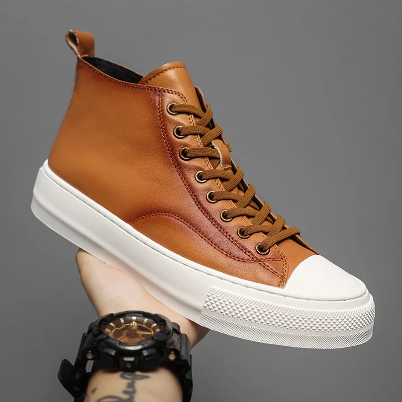 

2023 Popular Leather Shoes For Men Black White Youth Fashion Men Shoes Genuine Leather Casual Shoe Adult High Top Walking Shoe