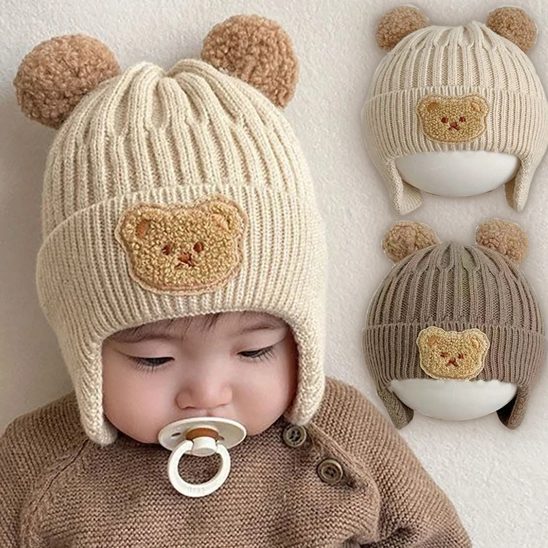 Cappelli di protezione per le orecchie per 1-4 anni Baby Kids Cute Bear berretto con paraorecchie lavorato a maglia in lana bambini inverno addensato berretti caldi cappello da coniglio