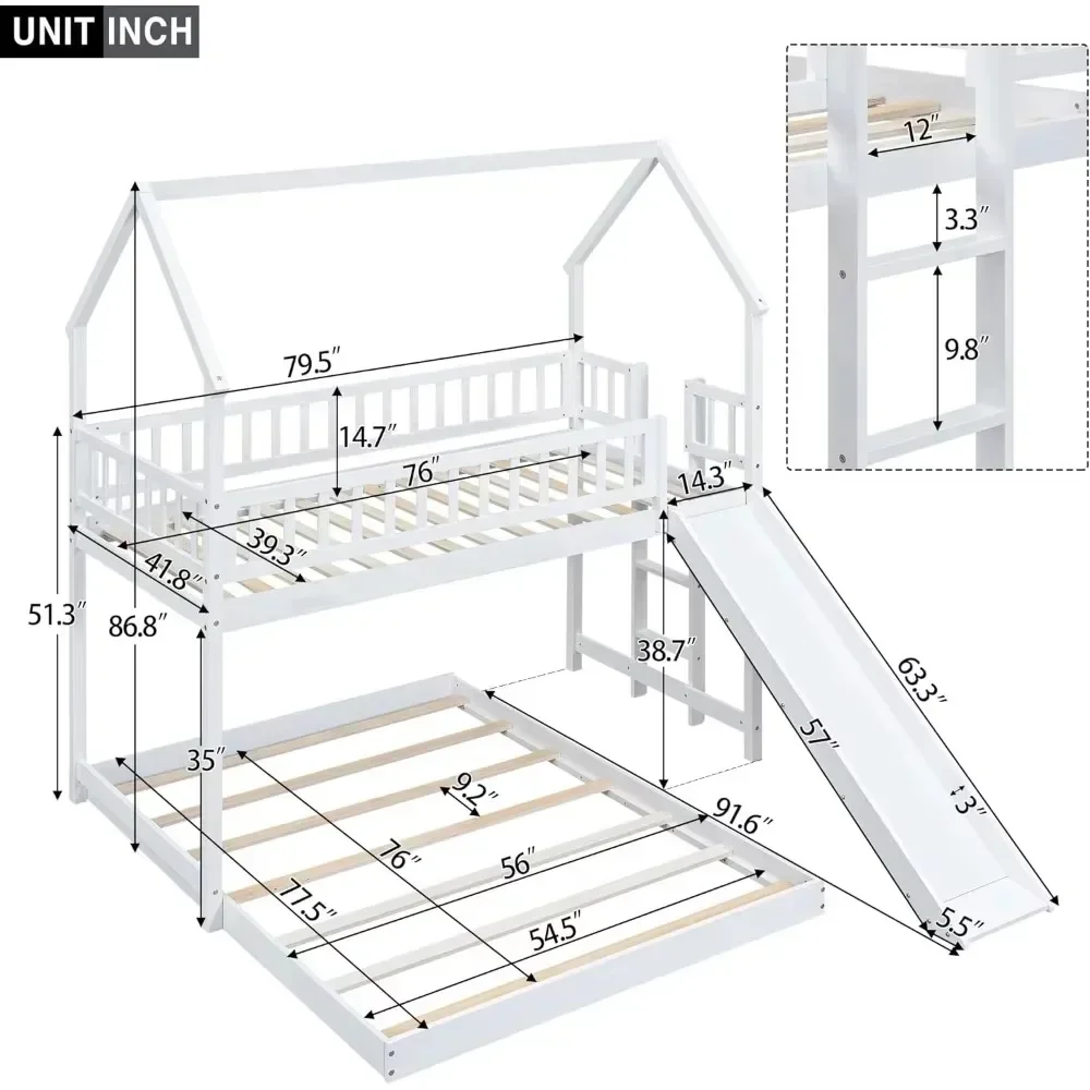 House Bunk Bed with Slide and Ladder and Twin Over Full Wooden Bed Frame with Full-Length Guardrail for Bedroom Boys Girls 3