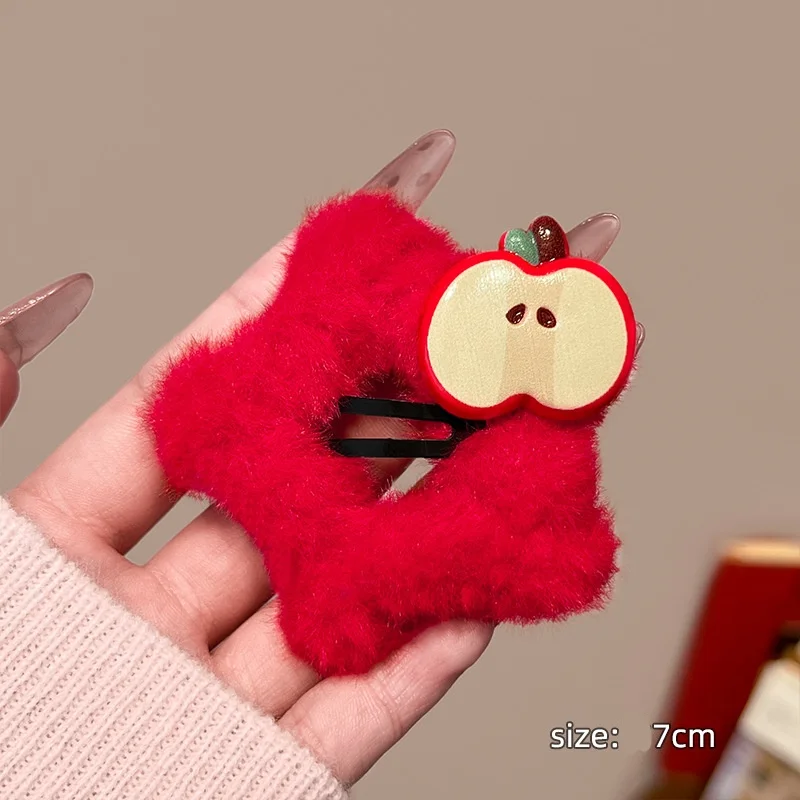 2PCSRed Faux Fur Apple Hair Clips,Cute Fruit-themed Hairpins,Soft Fluffy Hair Accessories For Women, Adorable Fashion Hair Decor