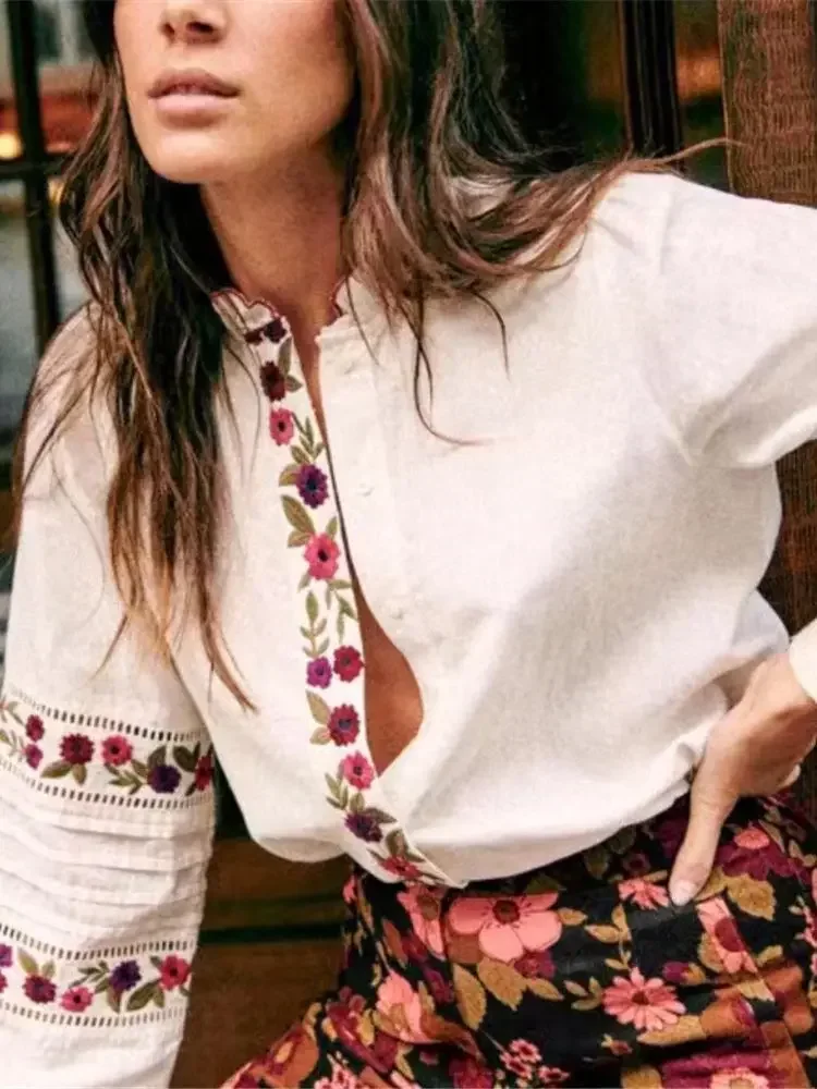 

Women's Blouse 2023 New Ruffles Trim Collar Lace Hollow Out Flowers Embroidery Single-breasted Puff Sleeve Shirt